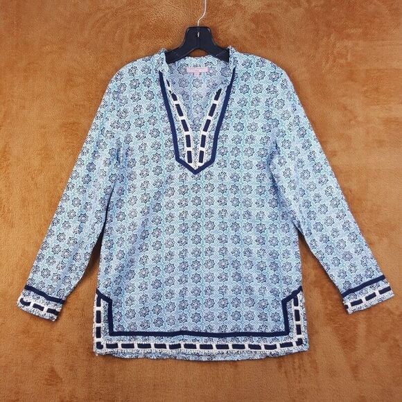 SAINT TROPEZ WEST Womens Top Small Blue Floral Pullover Tunic Crochet Woven Trim - Picture 1 of 9